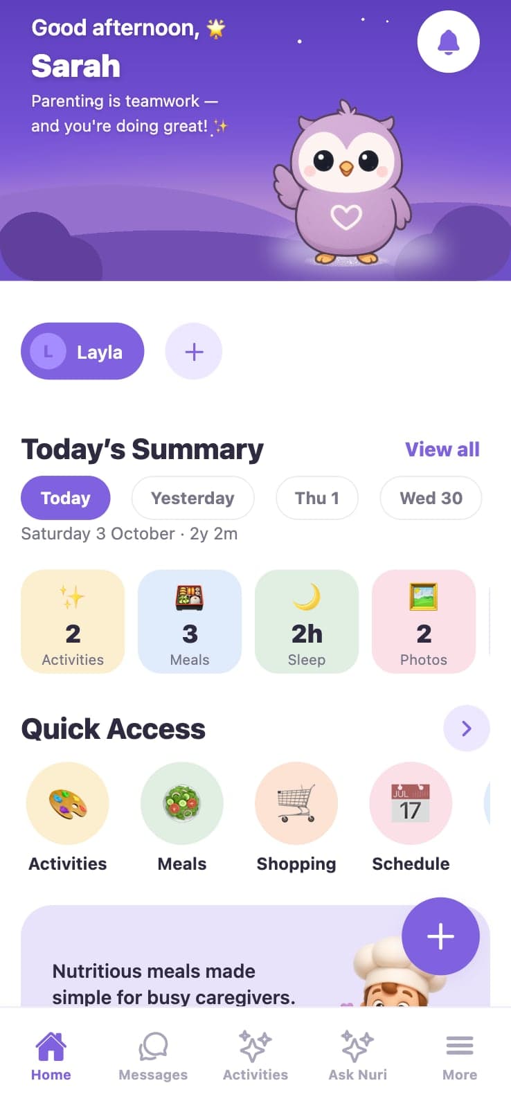 The Nurture app home screen, showing a child profile, the day's summary of activities, meals, sleep and photos, and quick access tiles